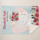 Couverture Sherpa Eléphant aux fleurs de marron bordeaux + Nom (Devant (Horizontal))