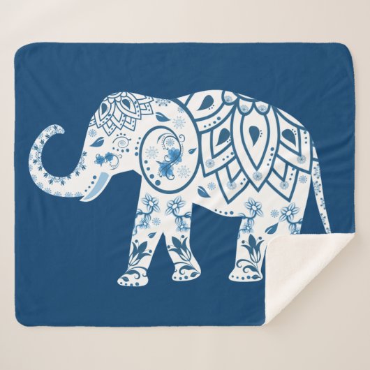 Couverture Sherpa Éléphant Bleu à Motif Orné (Devant (Horizontal))
