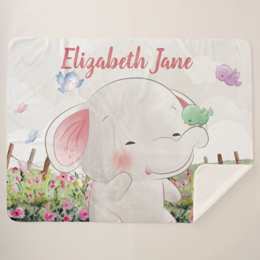 Couverture Sherpa Eléphant mignon aux oiseaux Mélange paysage floral (Devant (Horizontal))
