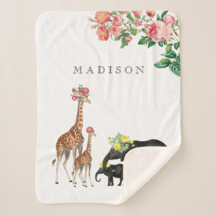 Couverture Sherpa Eléphant mignon & Giraffe Floral Personnalisé Nom 