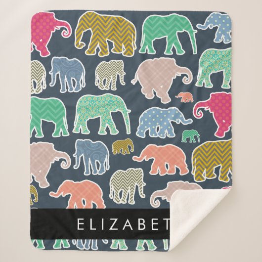 Couverture Sherpa Eléphants colorés, Motif d'éléphants, Votre nom (Devant)