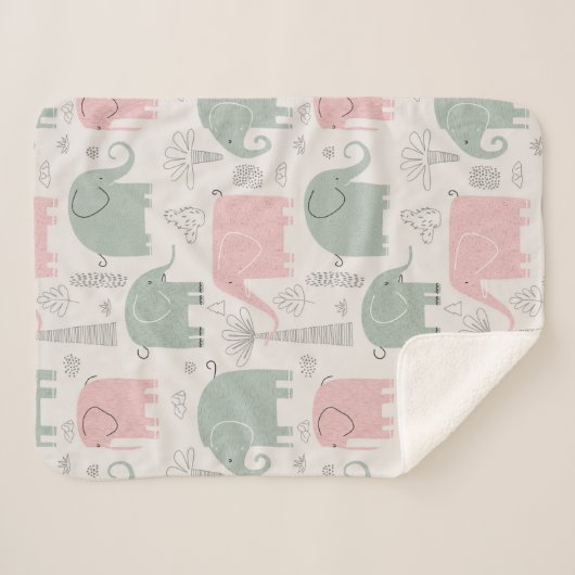 Couverture Sherpa Eléphants verts rose moderne (Devant (Horizontal))