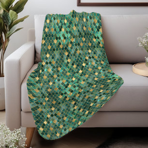Couverture Sherpa Émeraude Glam Verte Or Écailles de Sirène Motif