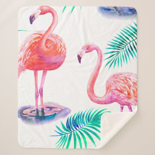Couverture Sherpa Été tropical avec flamants roses feuilles de palmi (Devant)