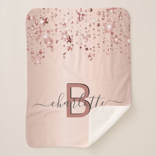 Couverture Sherpa étoiles rose or blush monogramme nom élégant (Devant)