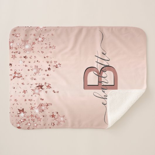 Couverture Sherpa étoiles rose or blush monogramme nom élégant (Devant (Horizontal))