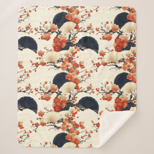 Couverture Sherpa Éventail de motif de fleurs de cerisier japonais (