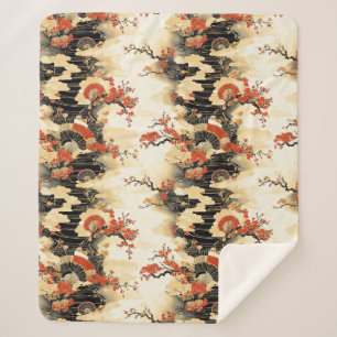 Couverture Sherpa Éventail de motif de fleurs de cerisier japonais (