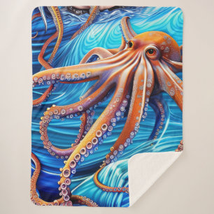 Couverture Sherpa Expressionnisme majestueux Octopus Blue Ocean Wave