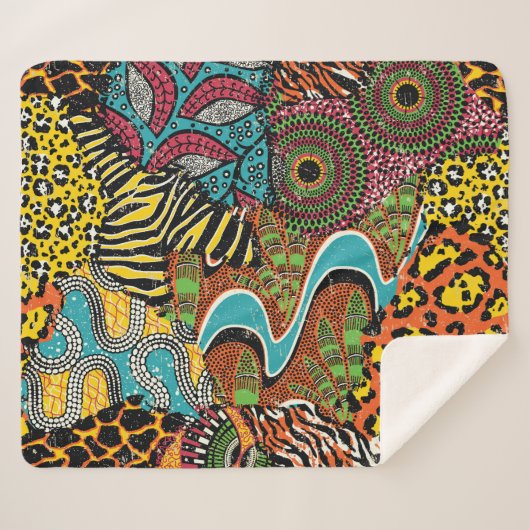Couverture Sherpa Fabric africain : Patchwork d'animaux sauvages. (Devant (Horizontal))
