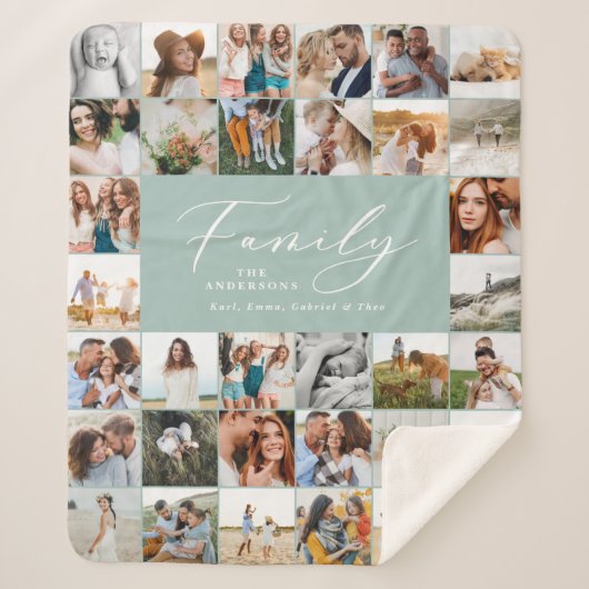 Couverture Sherpa Famille de script bleu multi-photo moderne (Devant)