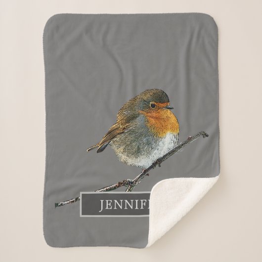 Couverture Sherpa Famille d'oiseaux mignonne Robin monogrammed gris (Devant)