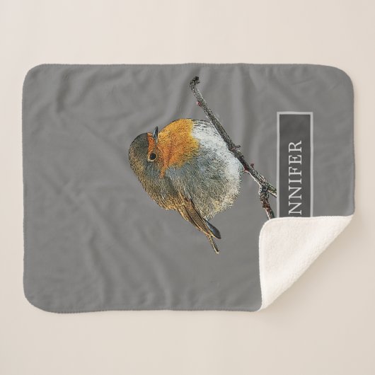 Couverture Sherpa Famille d'oiseaux mignonne Robin monogrammed gris (Devant (Horizontal))