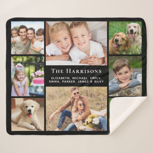 Couverture Sherpa Famille Monogramme Nom 8 Photo Collage noir (Devant (Horizontal))