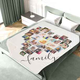 Couverture Sherpa Family Script Heart Formé Photo Collage Blanc