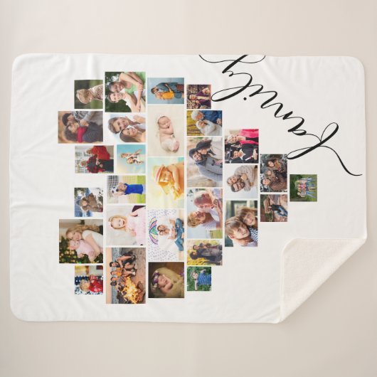 Couverture Sherpa Family Script Heart Formé Photo Collage Blanc (Devant (Horizontal))
