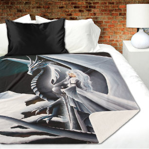 Couverture Sherpa Fantaisie de la femme dragon blanc Aurores boréale