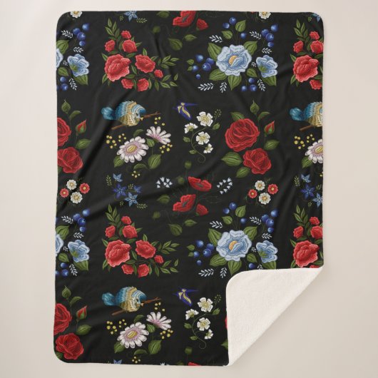 Couverture Sherpa Faux Fleurs Brodées Rouge & Bleu (Devant)
