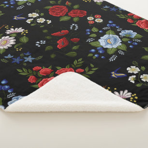 Couverture Sherpa Faux Fleurs Brodées Rouge & Bleu 