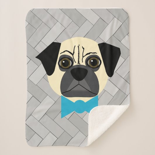 Couverture Sherpa Fawn Pug with bowtie, Herringbone grey (Devant)
