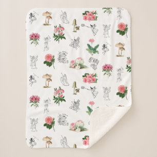 Couverture Sherpa Fées Rose Floral & Champignons Motif de fées
