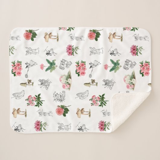 Couverture Sherpa Fées Rose Floral & Champignons Motif de fées (Devant (Horizontal))