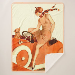Couverture Sherpa Femme, voiture et chien des années 1920