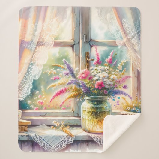 Couverture Sherpa Fenêtre de cottage ensoleillée avec fleurs sauvage (Devant)
