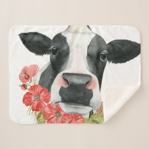 Couverture Sherpa Ferme de pavot - vache avec des fleurs