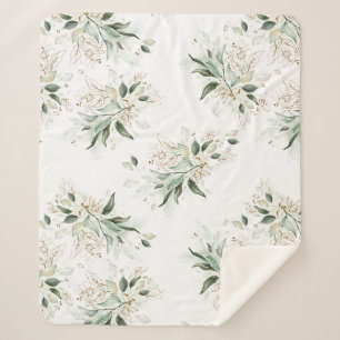 Couverture Sherpa Feuillage élégant blanc romantique de verdure doré