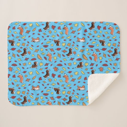 Couverture Sherpa Feuilles de chute Corgi Turquoise (Devant (Horizontal))