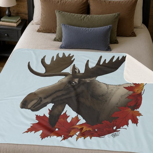 Couverture Sherpa Feuilles de Érable Rouge avec un Orignal