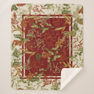 Couverture Sherpa Feuilles florales Rouge Orange Crème verte Jetée B
