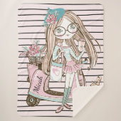 Couverture Sherpa Fille et chat avec scooter rayures Nom personnalis (Devant)