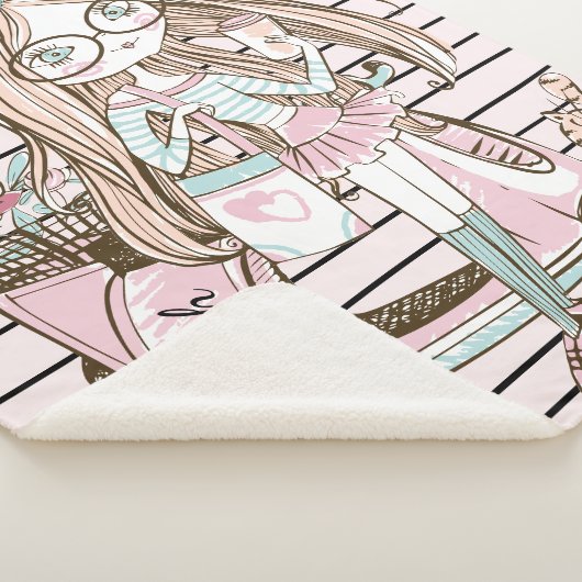 Couverture Sherpa Fille et chat avec scooter rayures Nom personnalis (3/4)