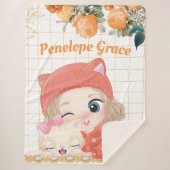 Couverture Sherpa Fille et chat Orange Roses + Nom personnalisé (Devant)