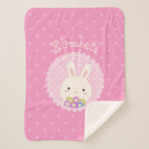 Couverture Sherpa Fille rose mignonne Kawaii Bunny & Fleurs Nom Pers