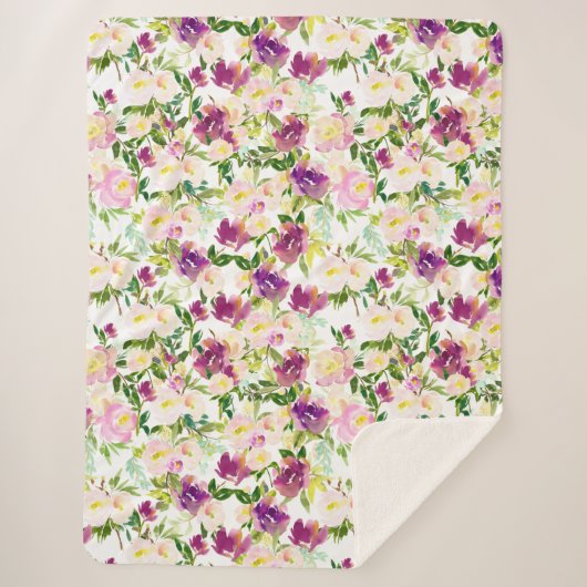 Couverture Sherpa Fille Rose Peach Purple Burgundy Aquarelle Florale (Devant)