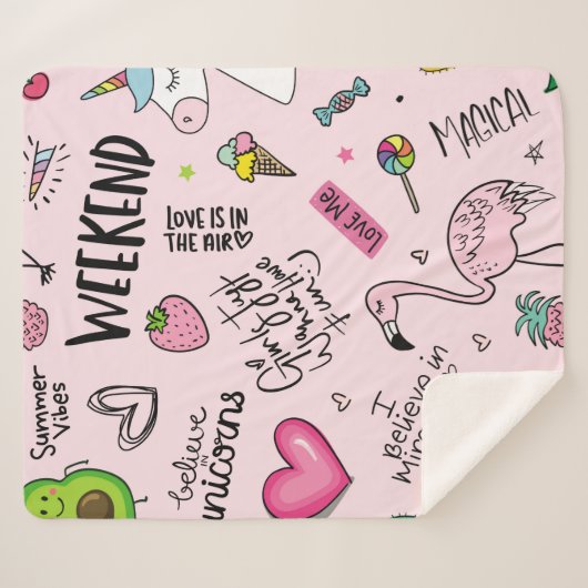 Couverture Sherpa Filles concept amusant avec licorne, flamingo, cac (Devant (Horizontal))