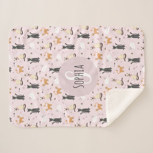 Couverture Sherpa Filles mignonne Rose Kitty Chat Motif & Nom Enfant (Devant (Horizontal))