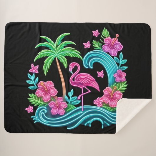 Couverture Sherpa Flamant rose de néon tropical (Devant (Horizontal))