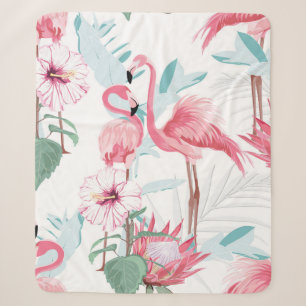 Couverture Sherpa flamant rose et fleurs exotiques, feuilles de palm