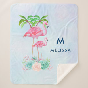 Couverture Sherpa Flamant rose rose Momma & bébé avec palmiers
