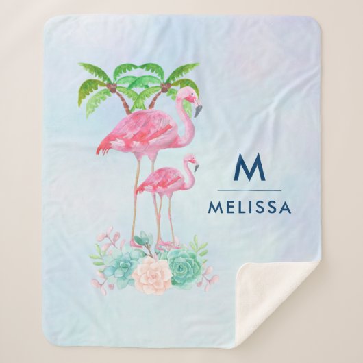 Couverture Sherpa Flamant rose rose Momma & bébé avec palmiers (Devant)