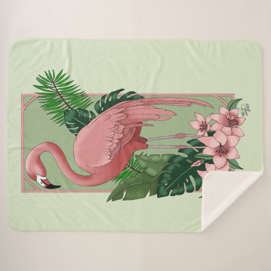 Couverture Sherpa Flamant rose rose Vert Feuilles Lily (Devant (Horizontal))