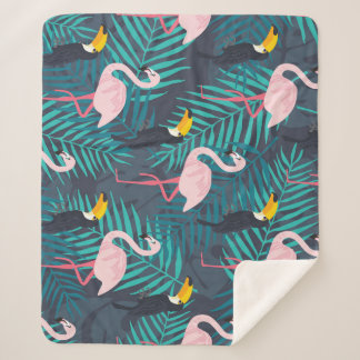 Couverture Sherpa Flamant rose, toucan : motif de feuilles tropicale