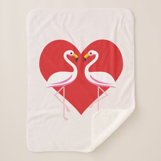 Couverture Sherpa Flamants roses blancs mignons rose avec coeur roug (Devant)