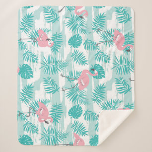 Couverture Sherpa flamants roses, feuilles de palmiers verts, tropic