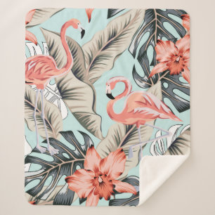Couverture Sherpa Flamingo rose tropicale avec fleurs d'orchidées et