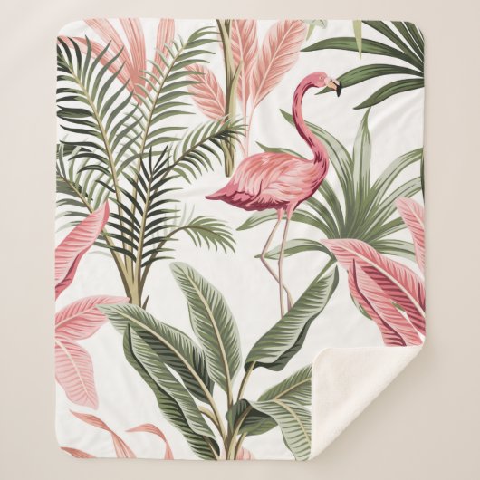 Couverture Sherpa Flamingo vintage rose tropicale, bananiers et  (Devant)